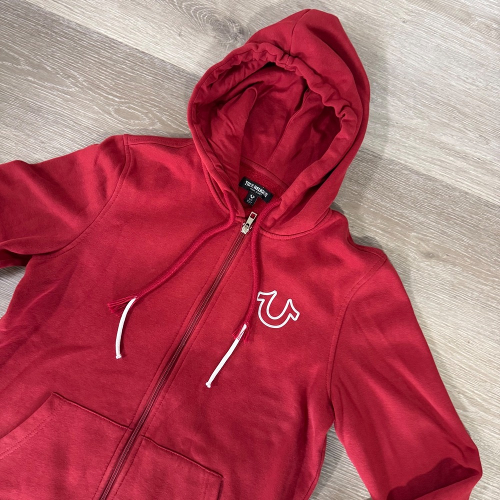 True Religion Zip Up Hoodie Mens Small Red Buddha Graphic Logo Sweatshirt